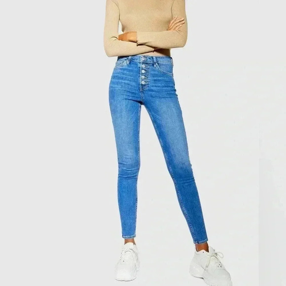 Topshop Moto Jamie Button Fly Skinny Jeans Medium Blue Denim Size 26 - Picture 1 of 14